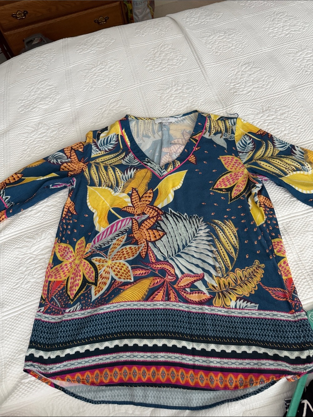 Women's Tropical V-Neck Floral Blouse in Teal & Yellow